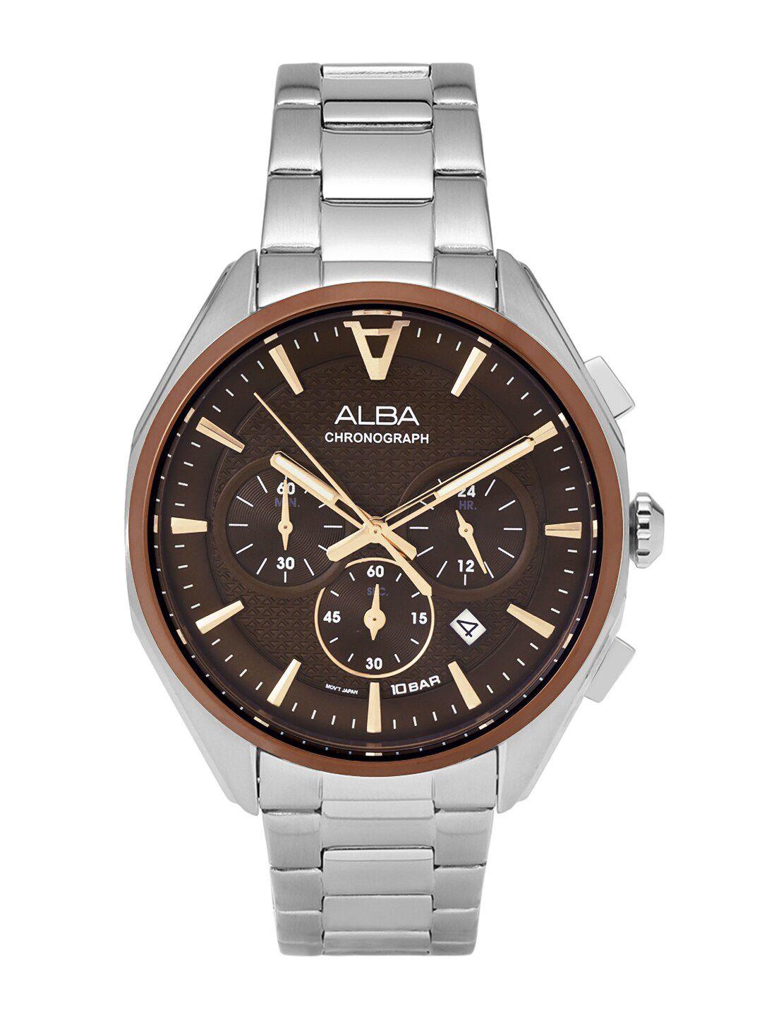 alba men brown dial & silver toned stainless steel bracelet style straps analogue watch