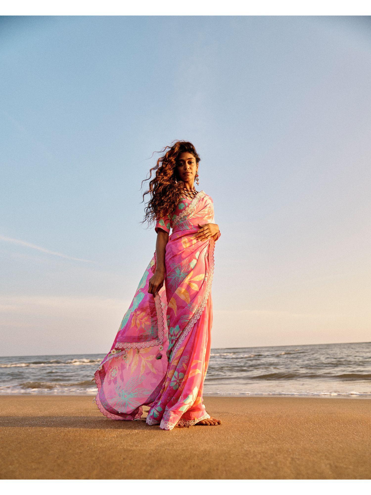 alba pink saree with unstitched blouse