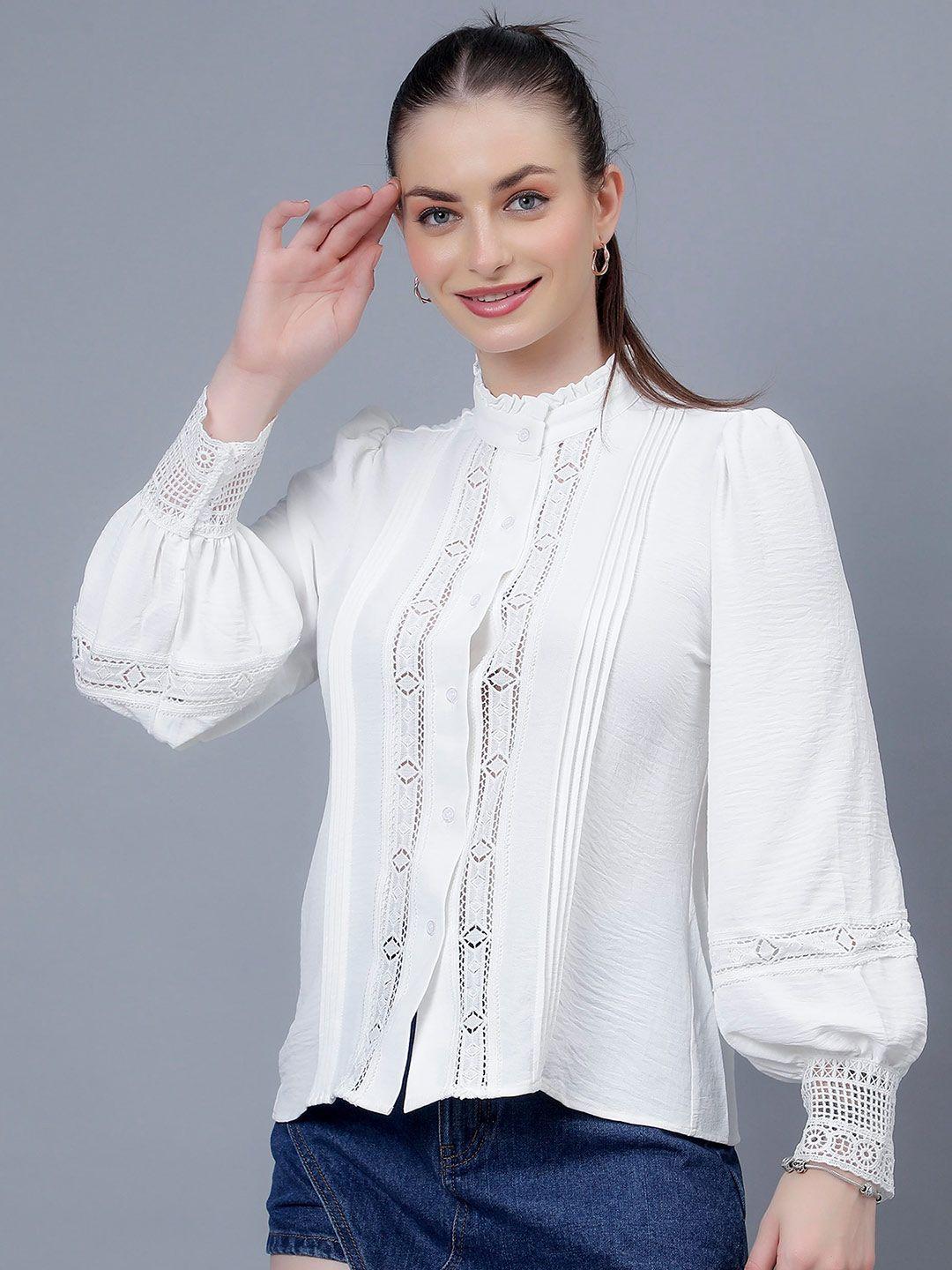 albion band collar cuffed sleeves lace inserts shirt style top