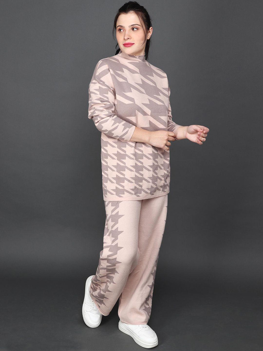 albion plus size geometric pattern knitted wool sweater with trouser co-ords