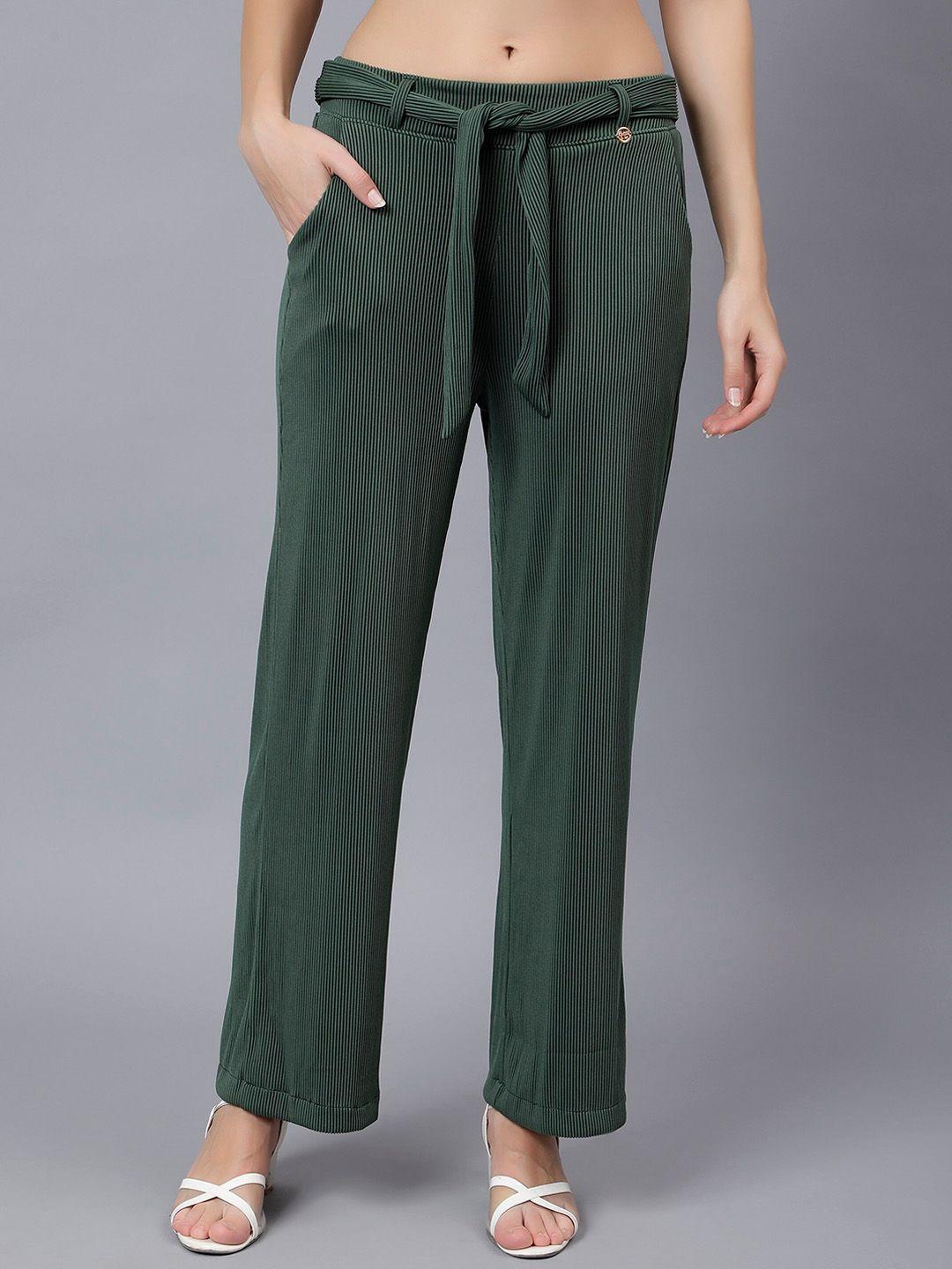 albion women self design belted parallel trousers