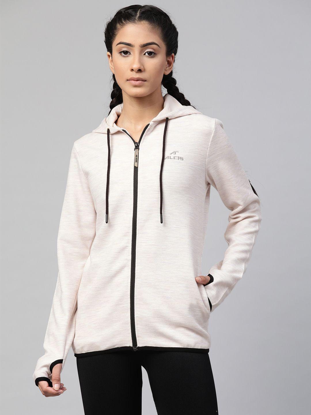 alcis women cream-coloured ribbed hooded sporty jacket