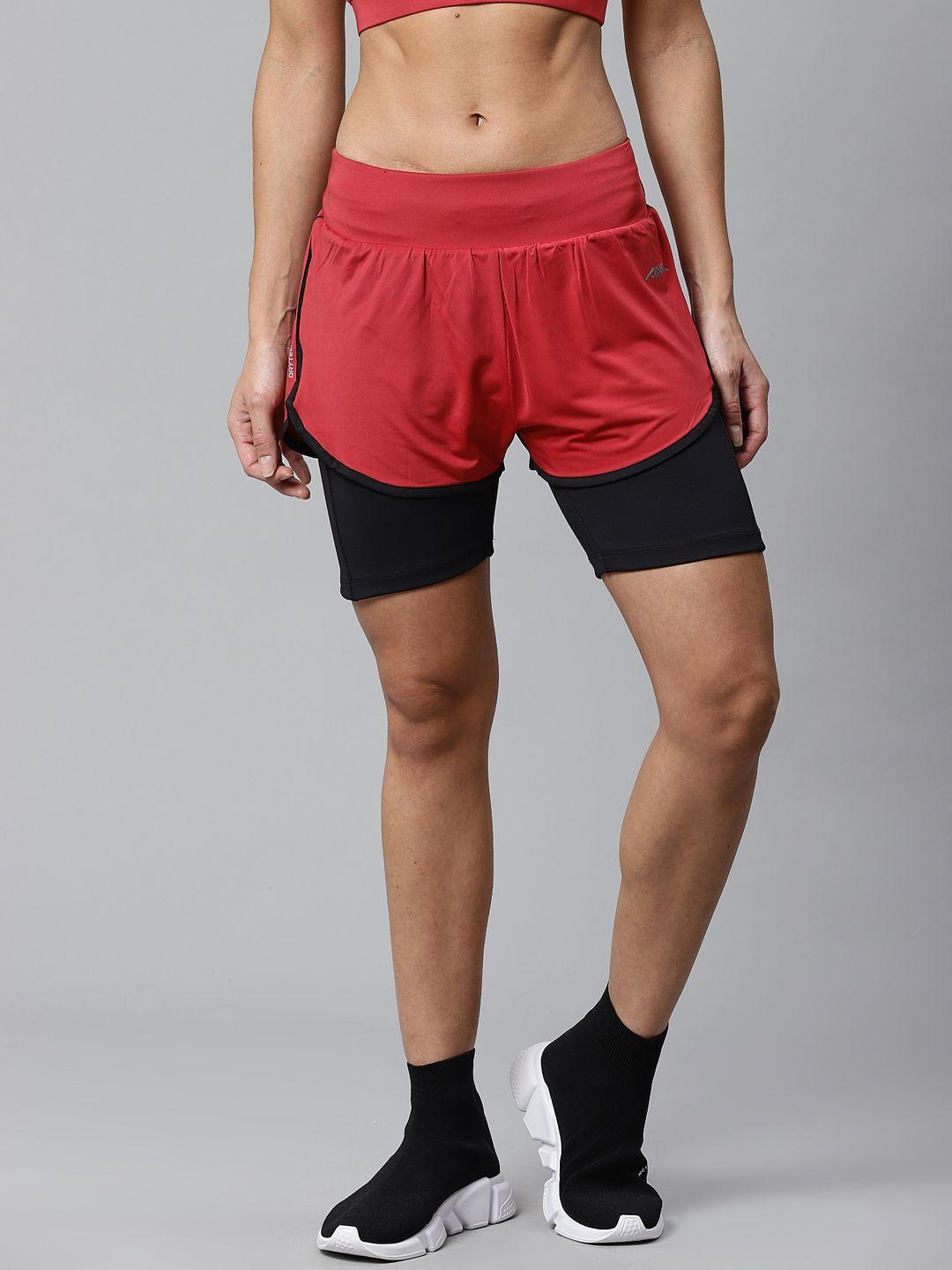 alcis women maroon & black colourblocked regular fit sports shorts