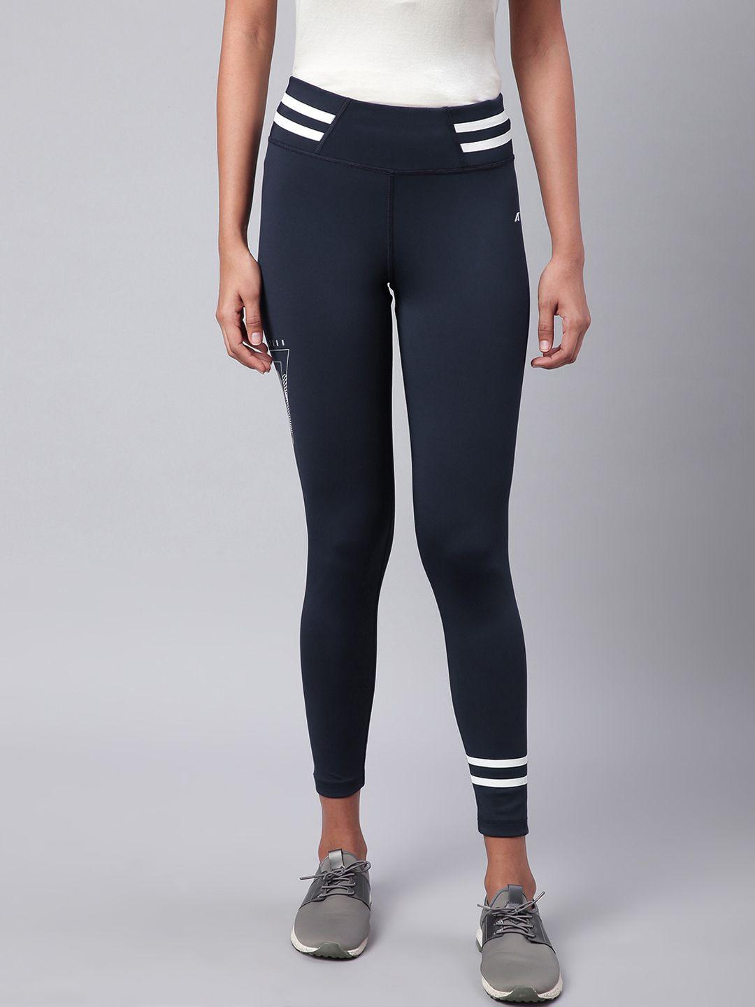 alcis women navy blue & white rapid dry solid cropped training tights
