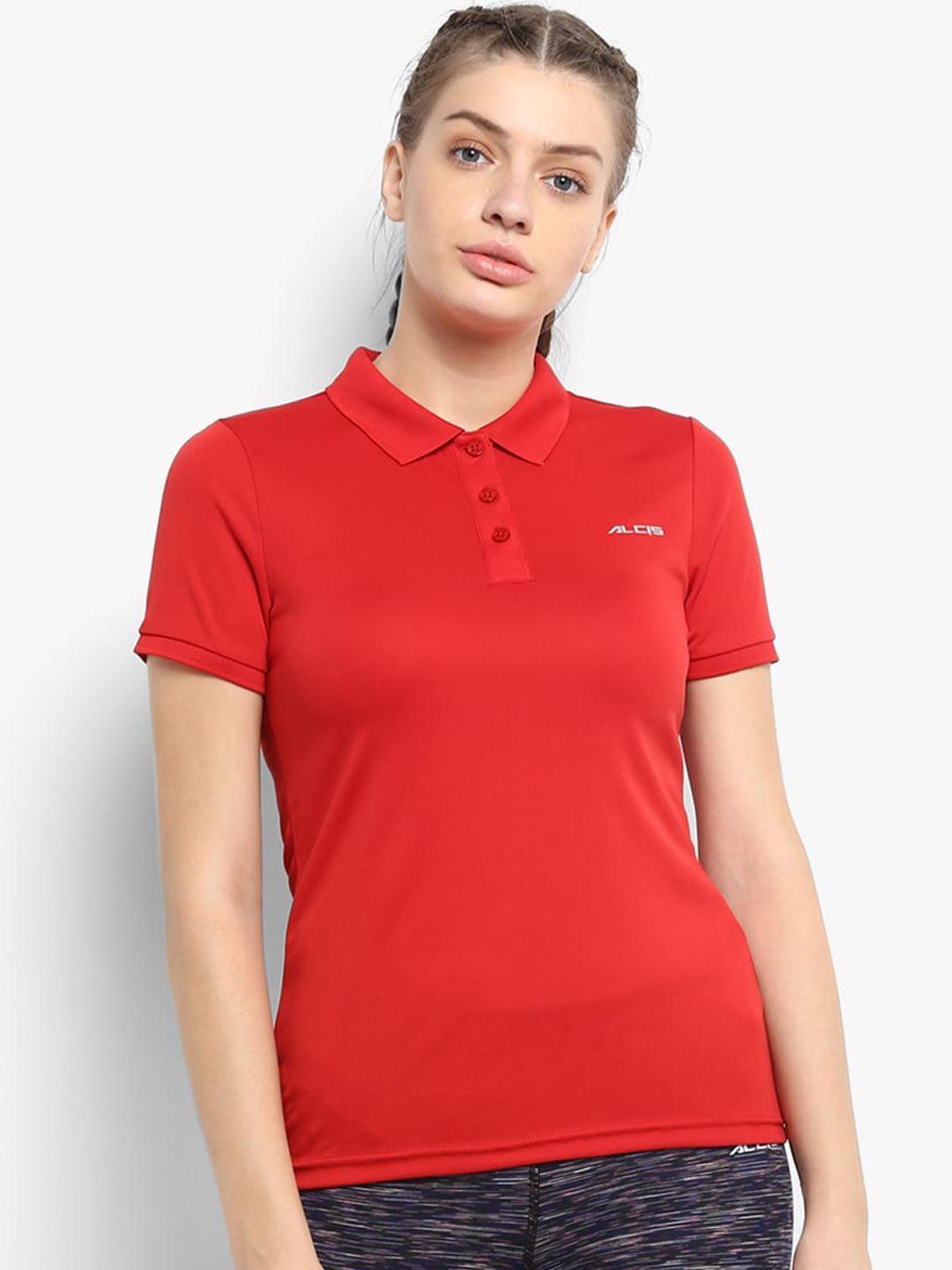 alcis women red solid polo collar t-shirt
