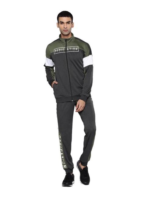 alcis dark grey melange & olive green printed tracksuit