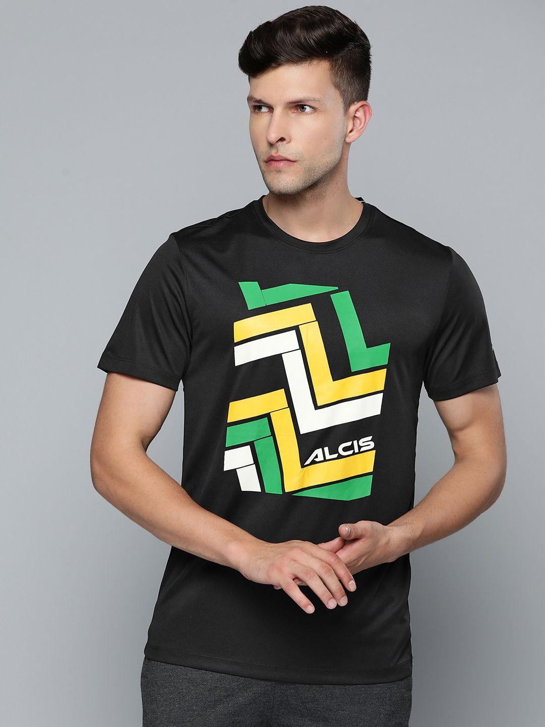alcis men black & yellow printed slim fit t-shirt