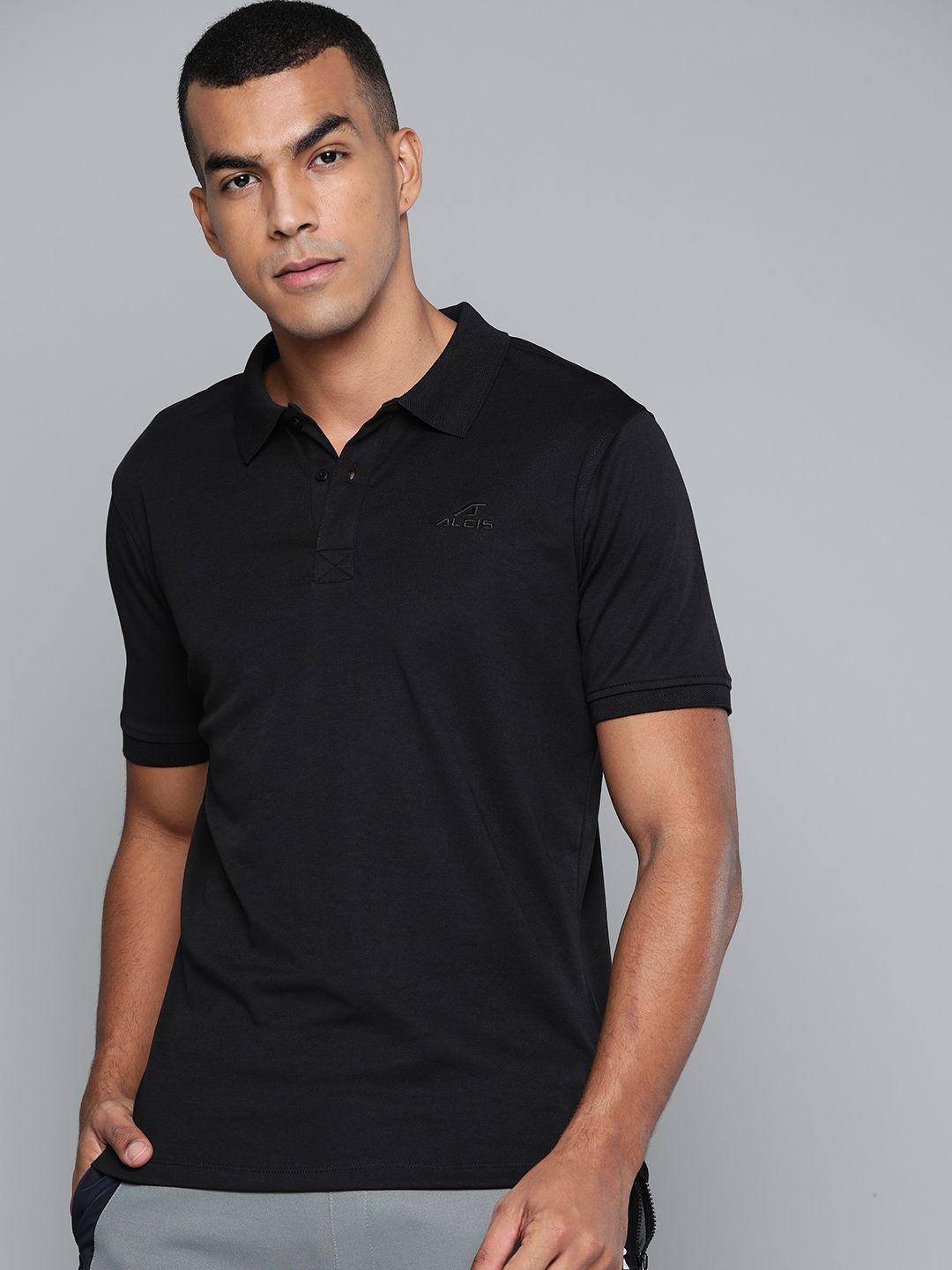 alcis men black solid polo collar t-shirt