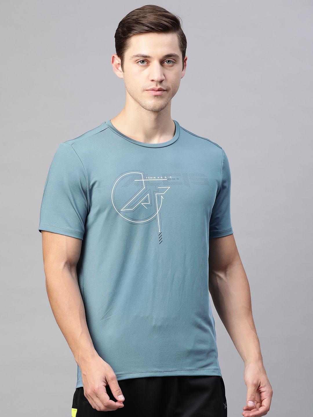 alcis men blue & white graphic print slim fit round neck sports t-shirt
