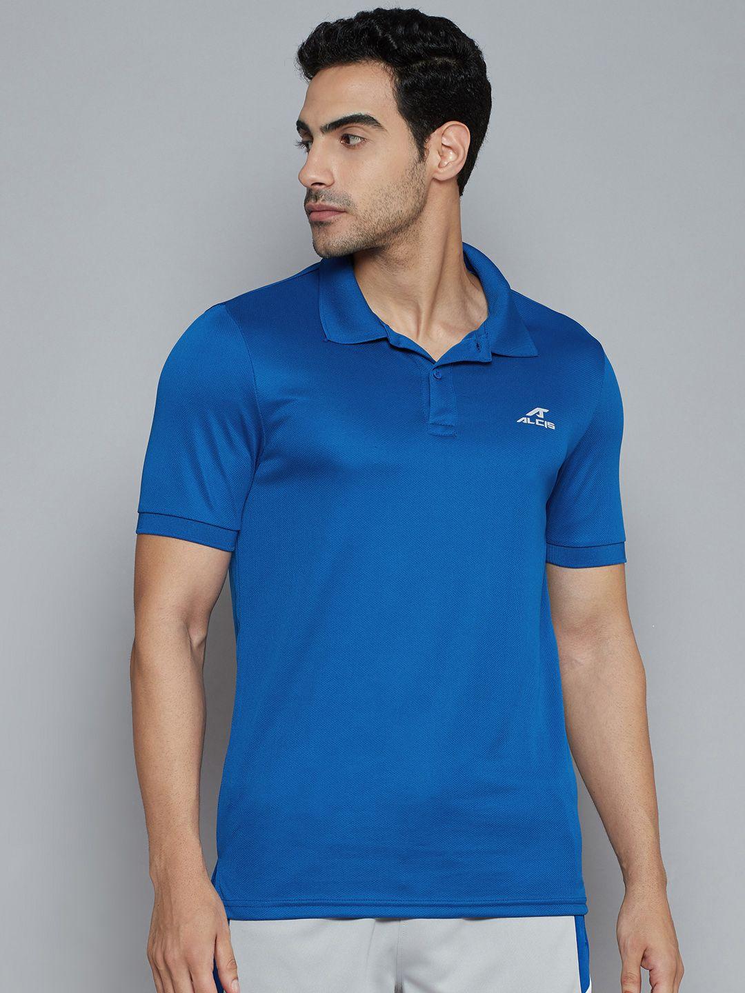 alcis men blue solid polo collar slim fit t-shirt