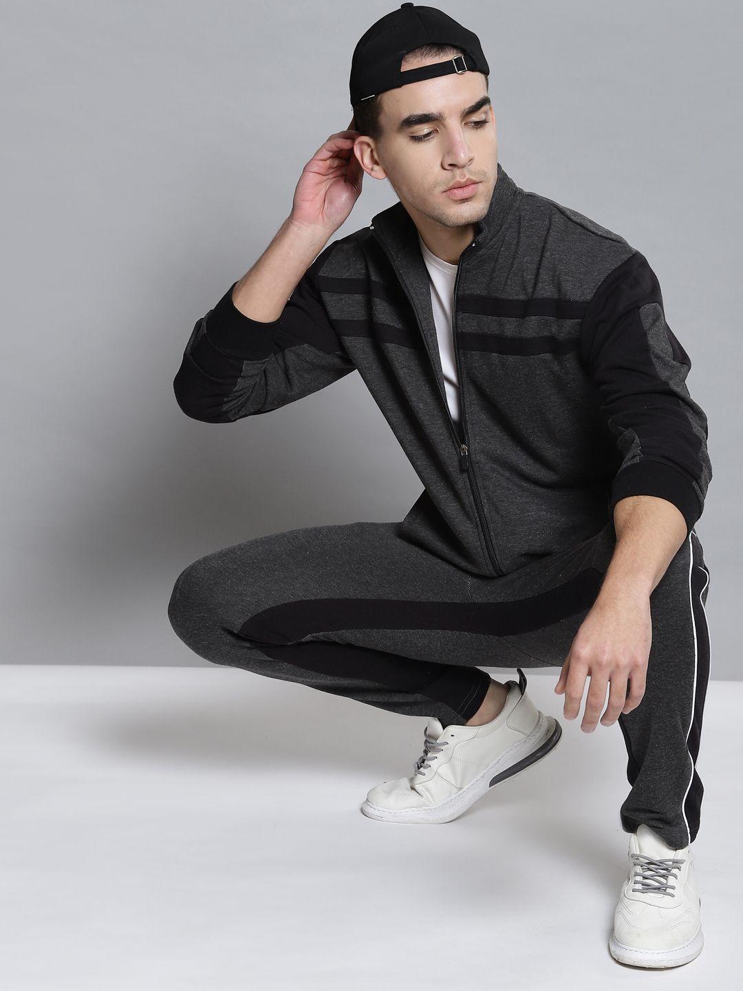 alcis men charcoal grey & black colourblocked tracksuit