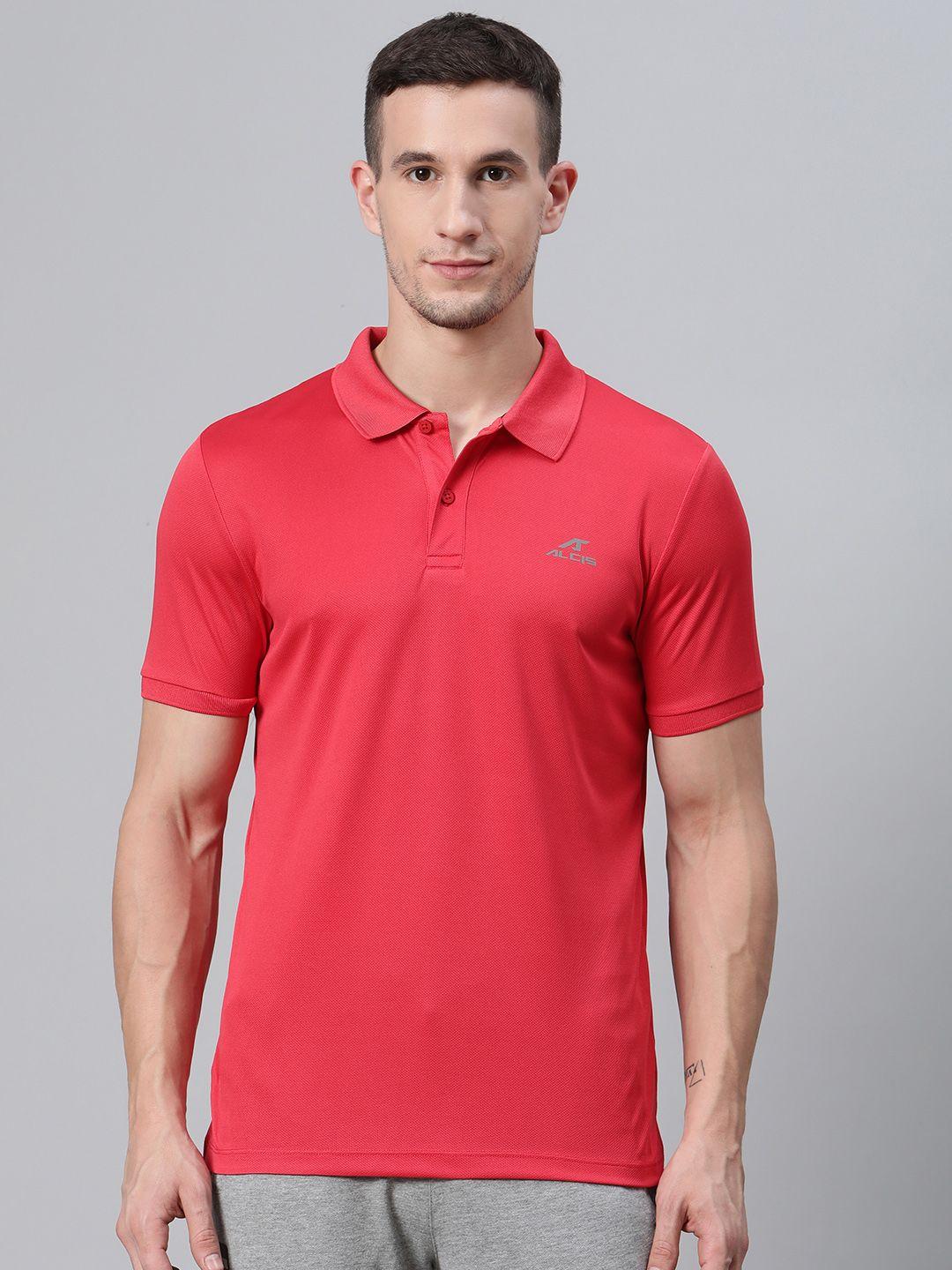 alcis men coral red solid polo collar badminton t-shirt