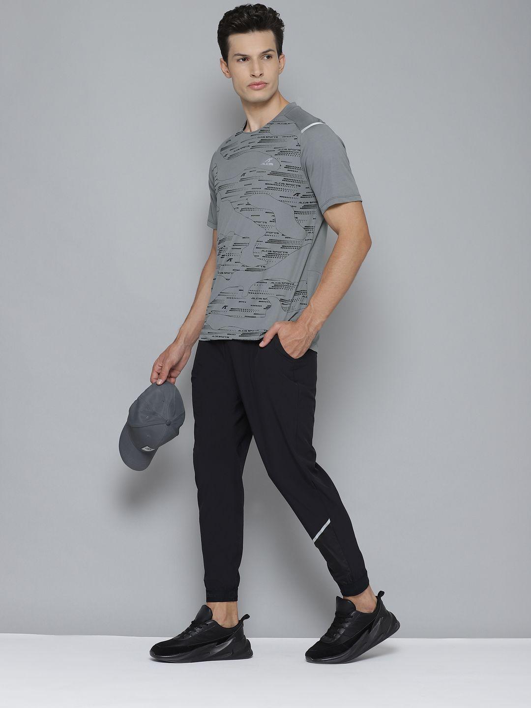 alcis men grey & black printed round neck sports t-shirt