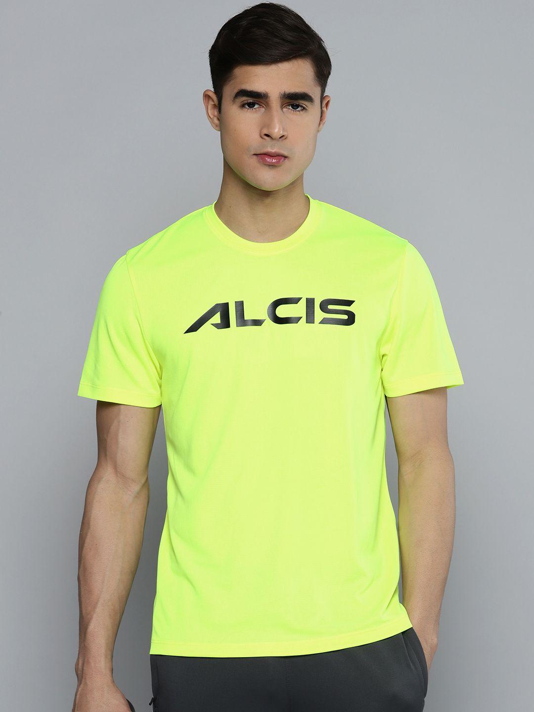 alcis men lime green & black brand logo printed dry tech t-shirt