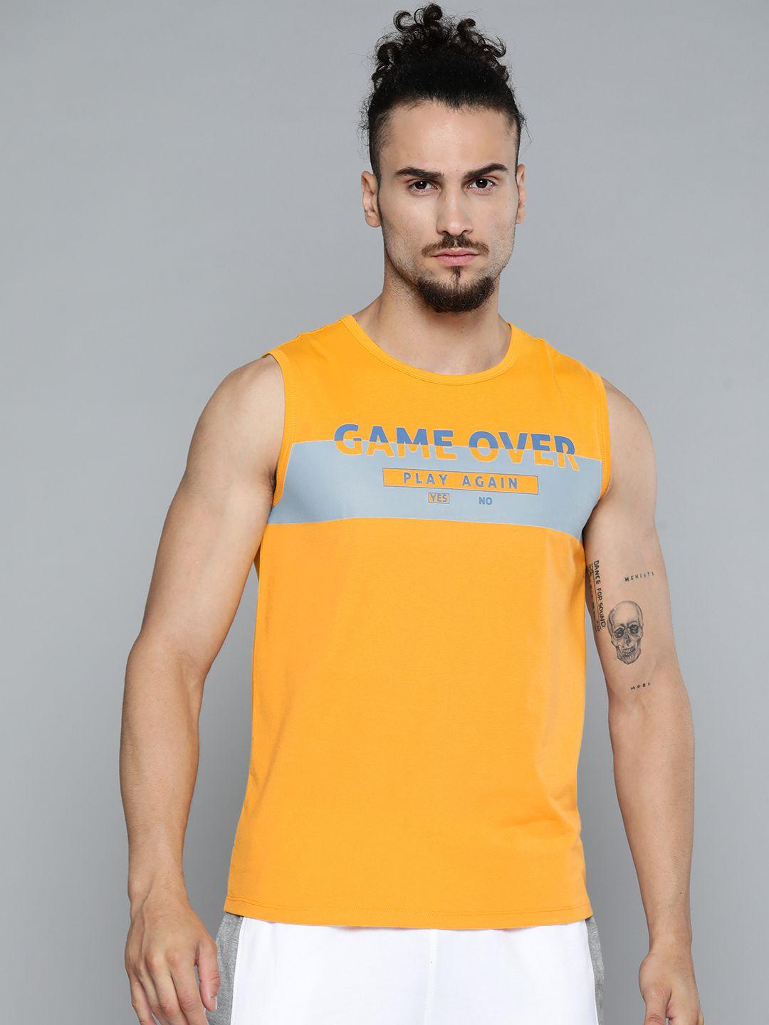 alcis men mustard yellow typography printed slim fit gym t-shirt