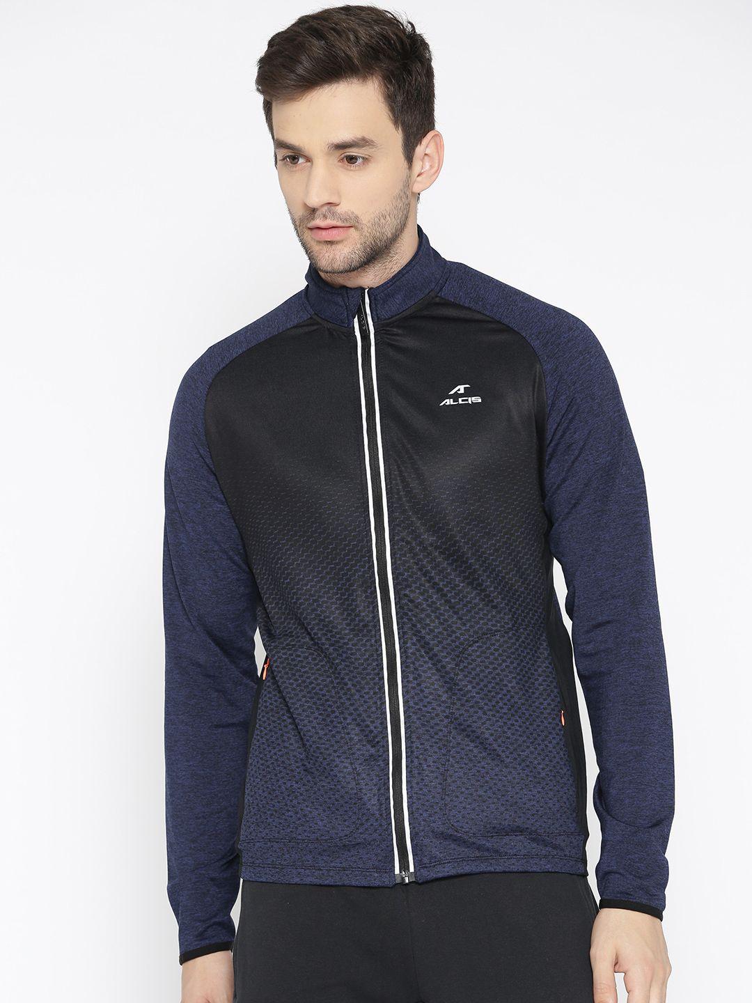 alcis men navy blue & black printed sporty jacket