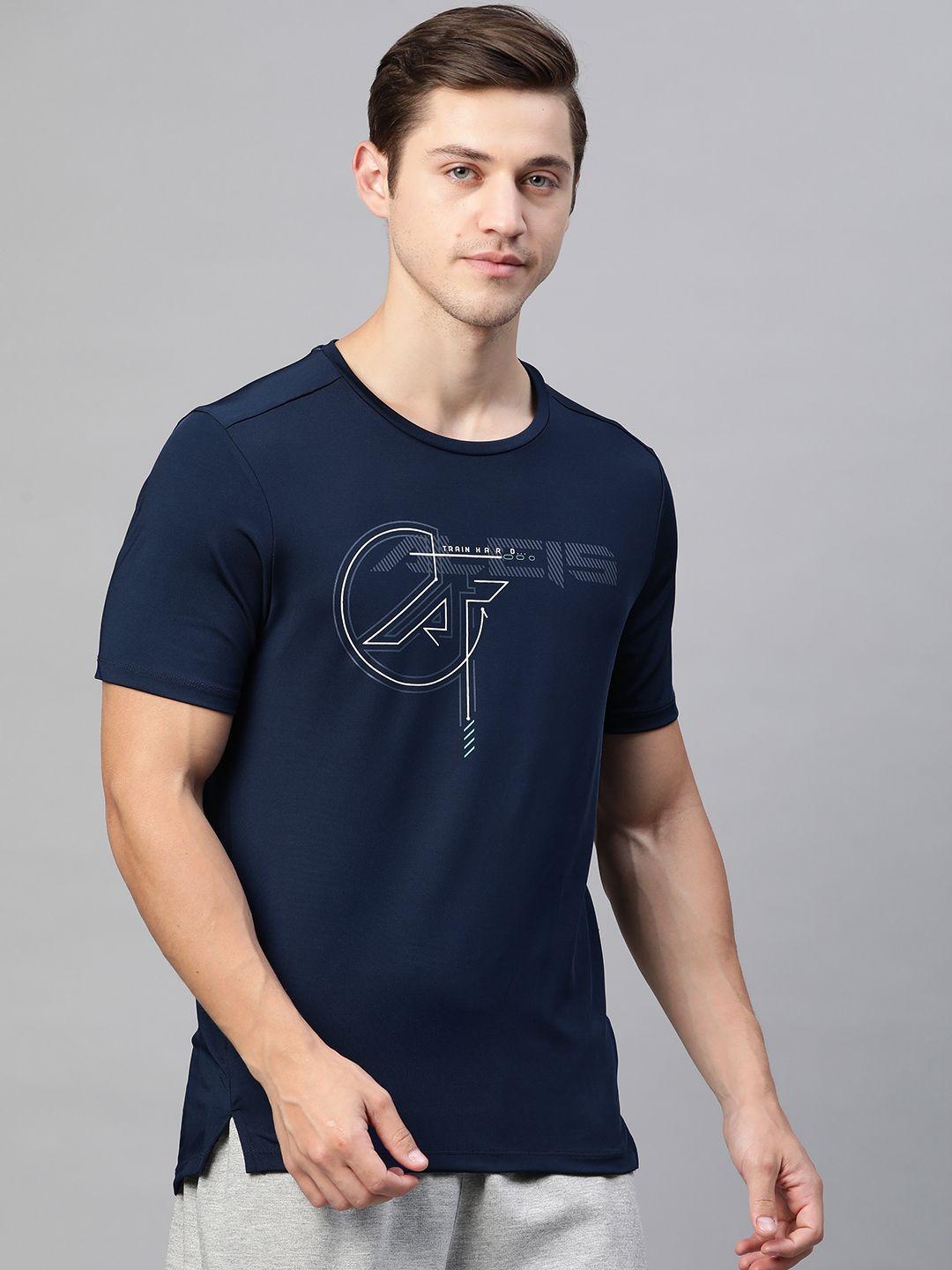alcis men navy blue & white graphic print slim fit round neck sports t-shirt