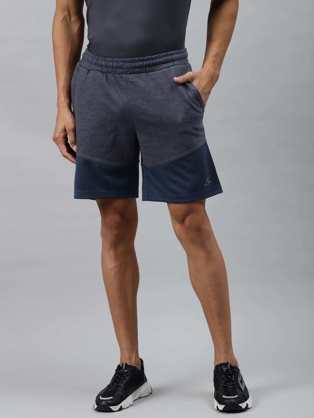 alcis men navy blue colourblocked slim fit sports shorts