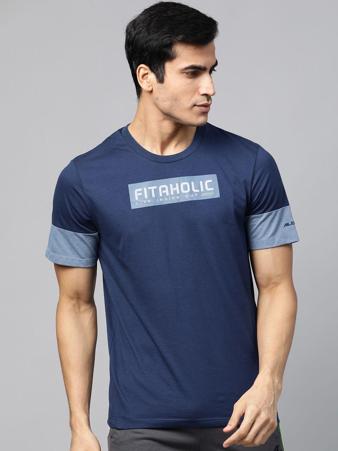 alcis men navy blue slim fit printed round neck running t-shirt