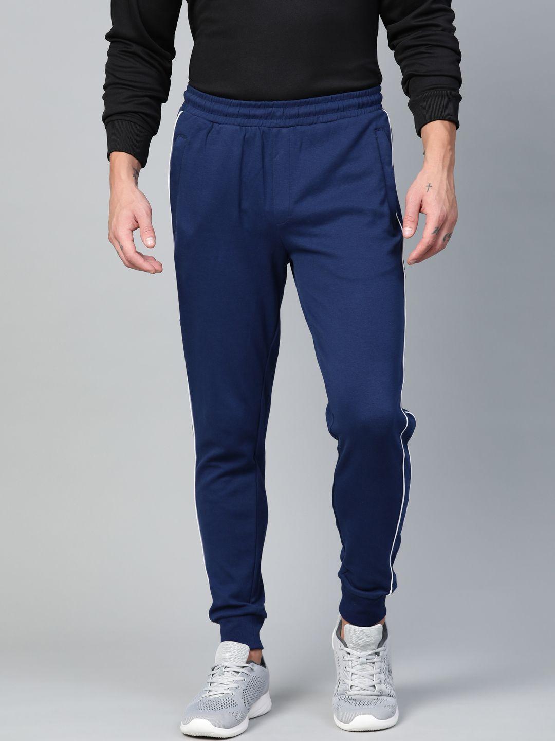 alcis men navy blue solid joggers with side striped detail