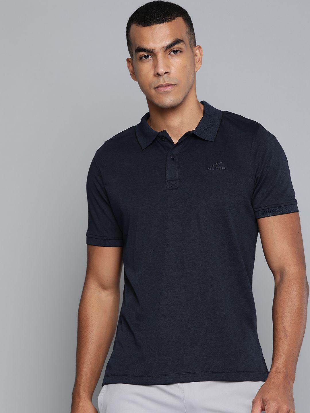 alcis men navy blue solid polo collar t-shirt