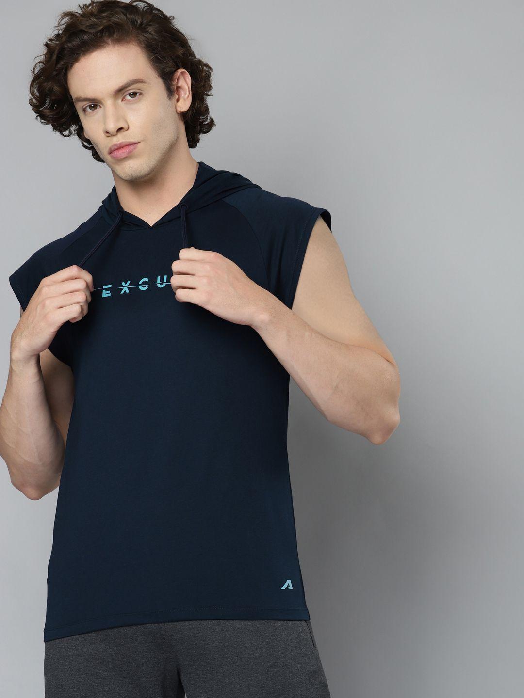 alcis men navy blue typography printed slim fit running t-shirt
