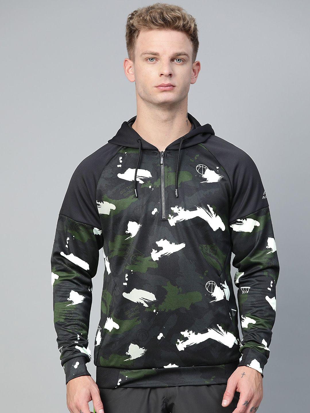 alcis men olive green & black camouflage print hooded sweatshirt