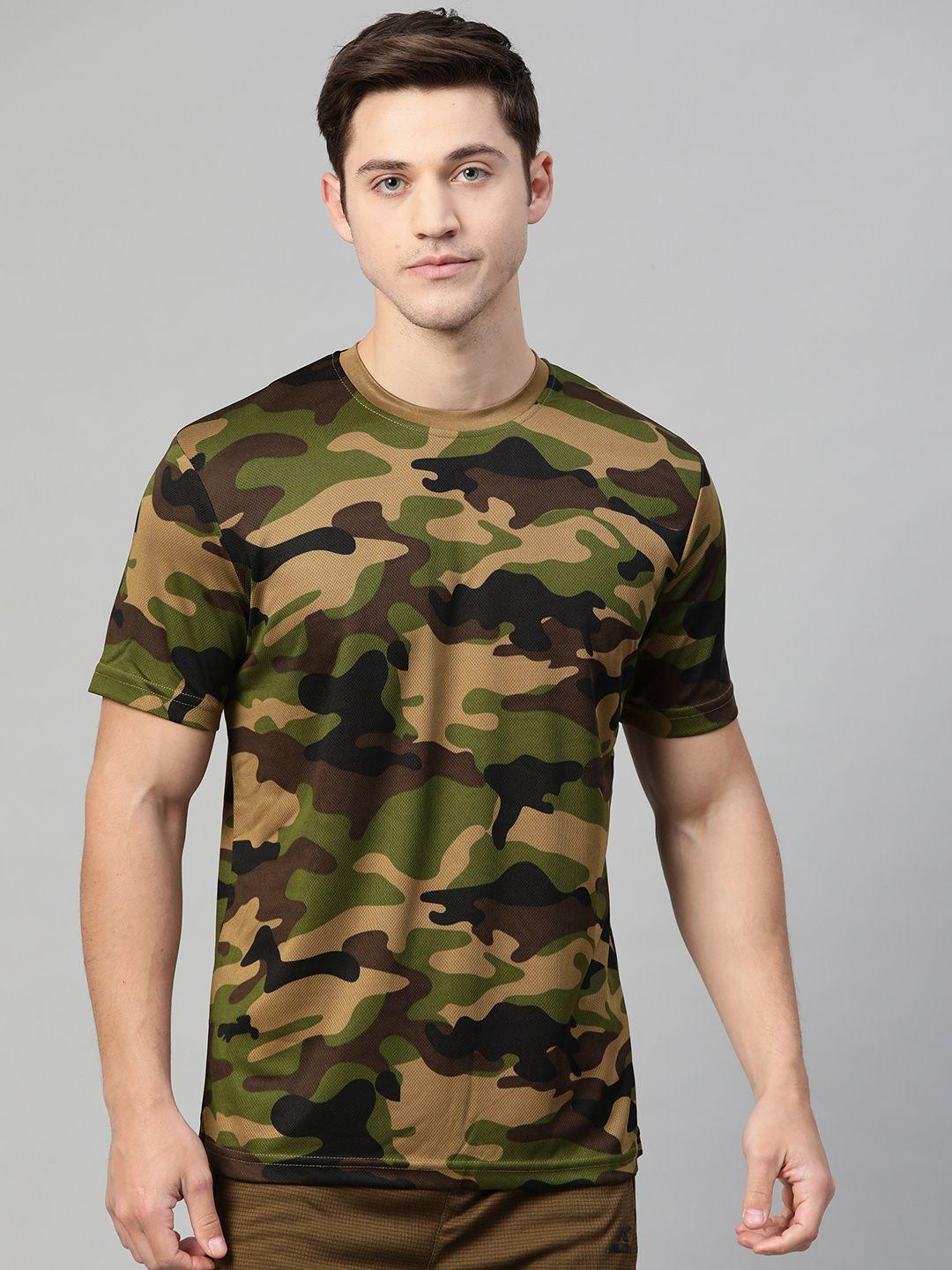 alcis men olive green & khaki camouflage print round neck t-shirt