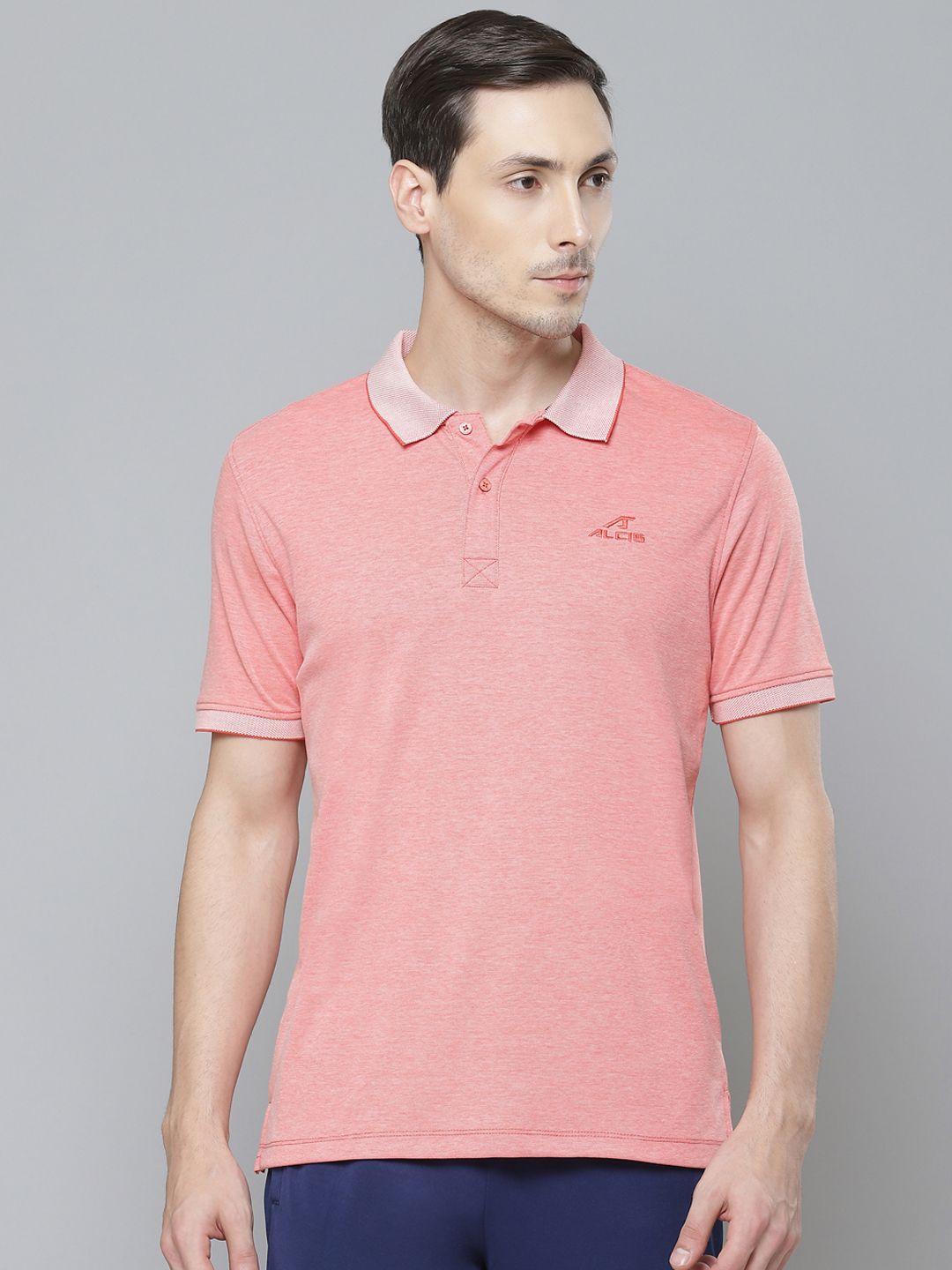 alcis men peach-coloured solid polo collar t-shirt