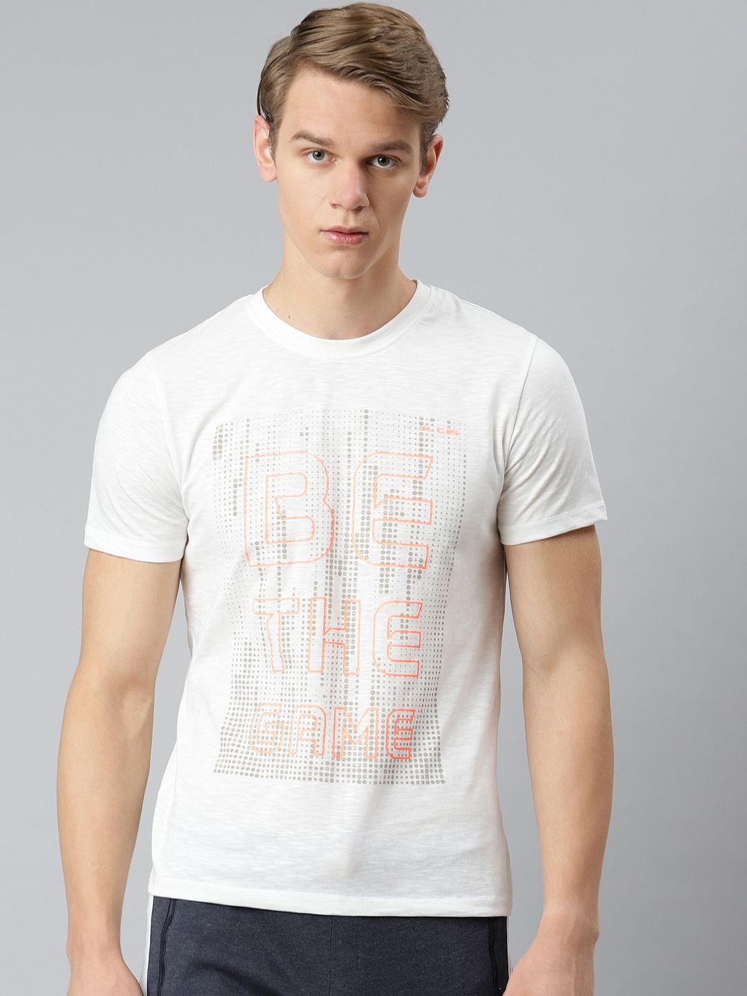 alcis men white & peach-coloured typography printed t-shirt