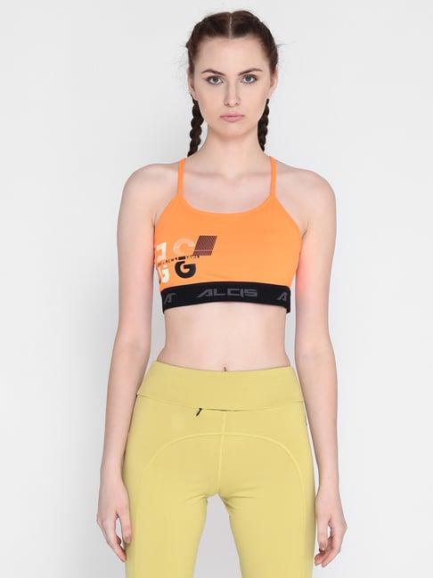 alcis neon orange printed sports bra
