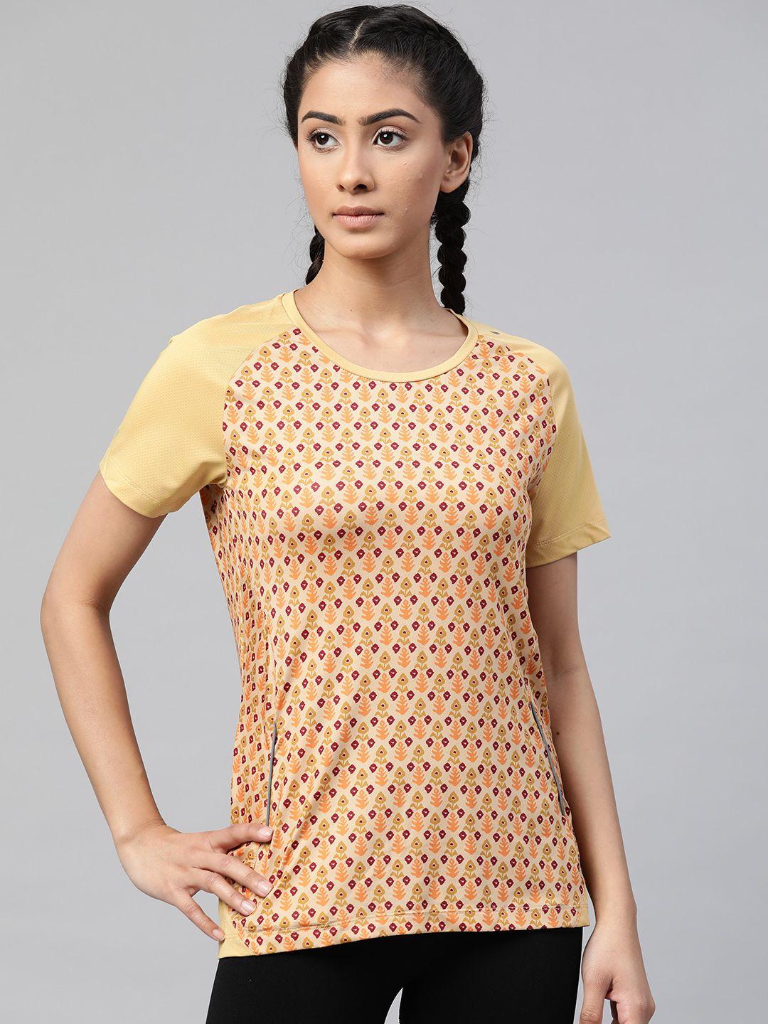 alcis women beige & purple printed round neck t-shirt