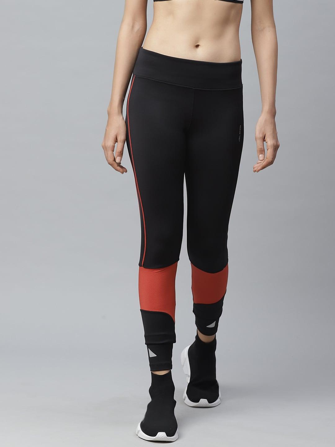 alcis women black & rust orange colourblocked fitted cropped running tights