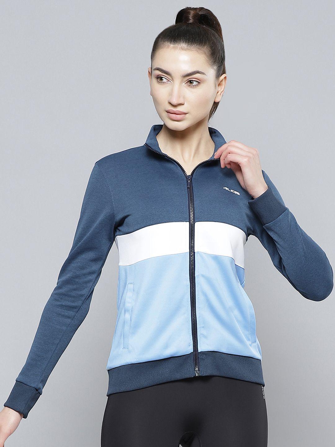 alcis women blue & white colourblocked polyester regular outdoor sporty jacket