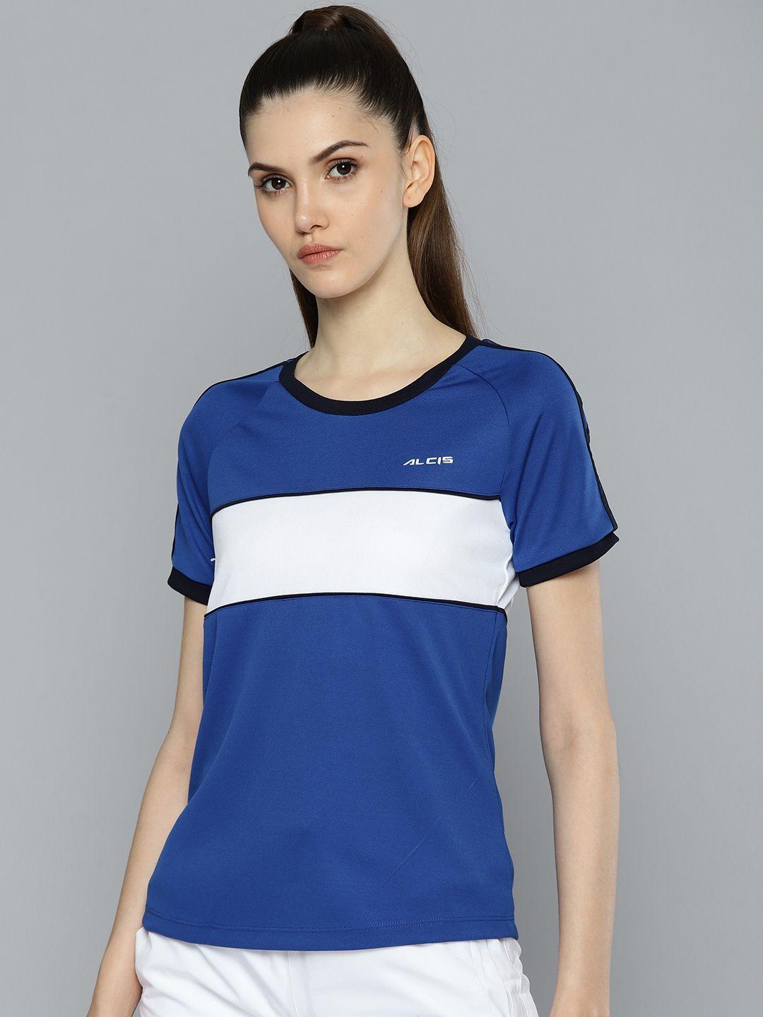 alcis women blue & white colourblocked slim fit t-shirt