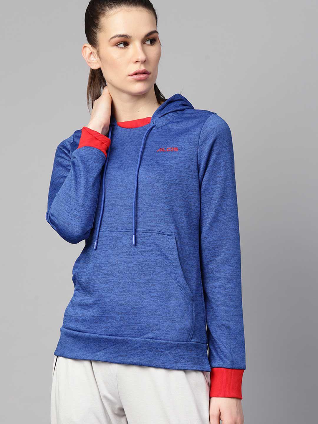 alcis women blue self design hooded sweatshirt