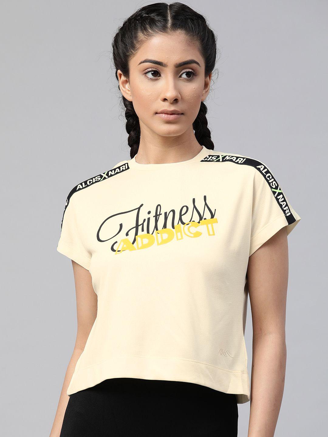 alcis women cream-coloured & black printed round neck t-shirt