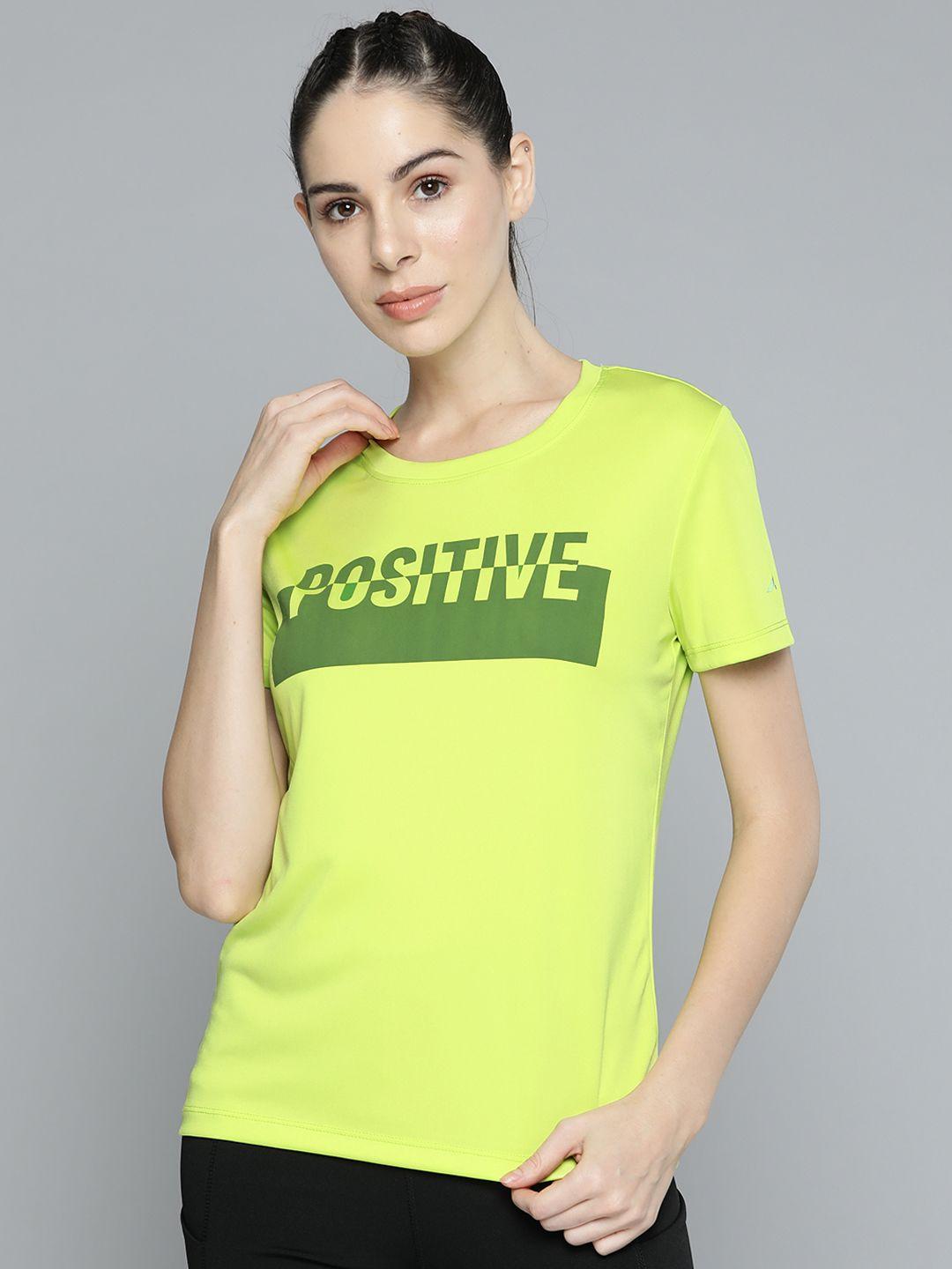 alcis women fluorescent green typography printed slim fit t-shirt