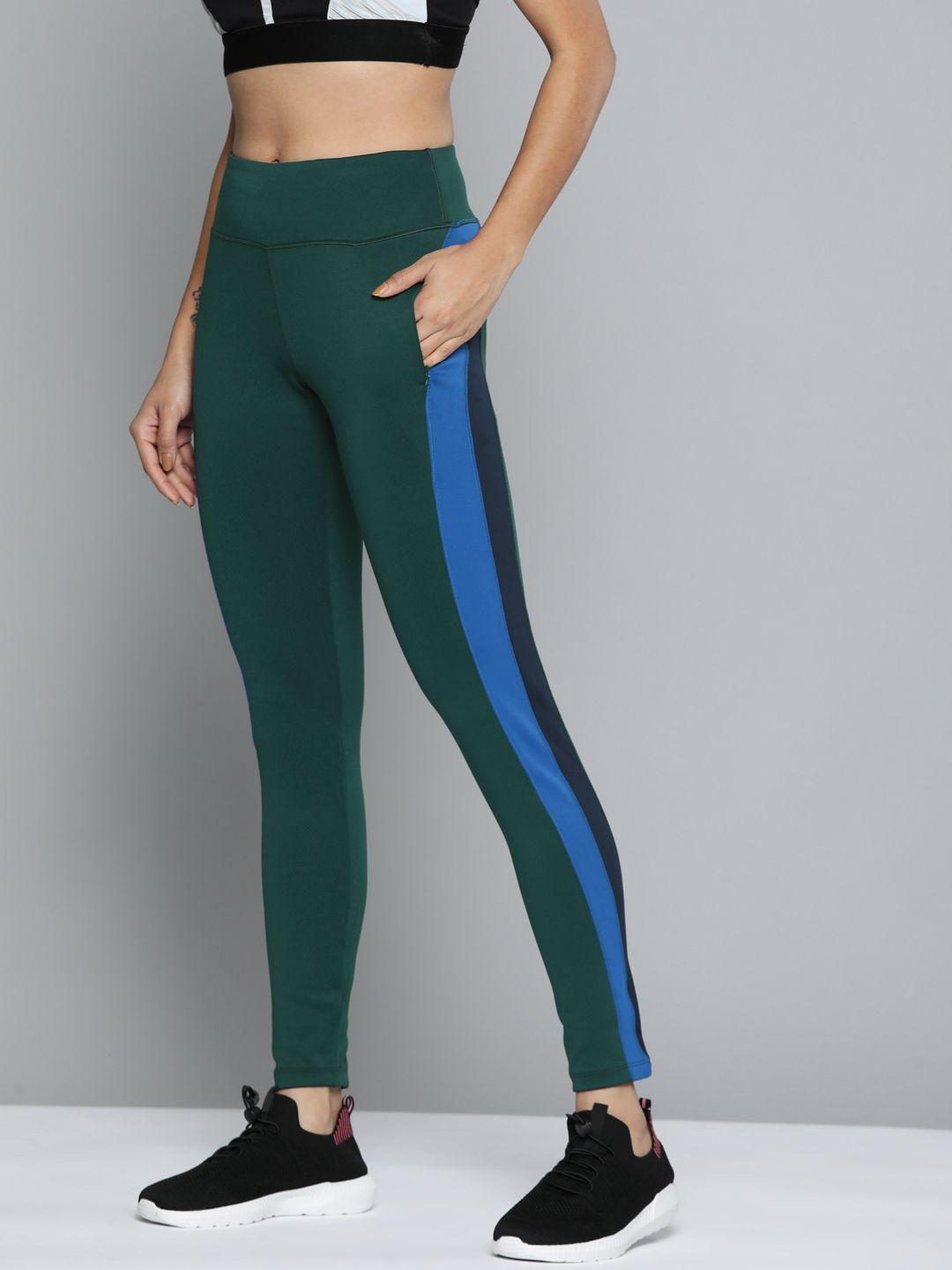 alcis women green & blue side striped cropped sport tights