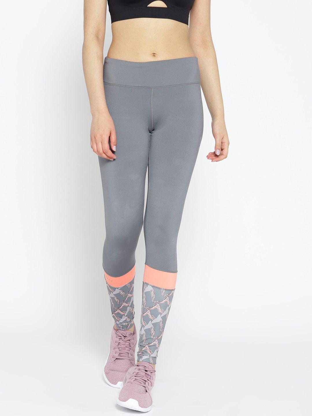 alcis women grey solid running tights with printed detail