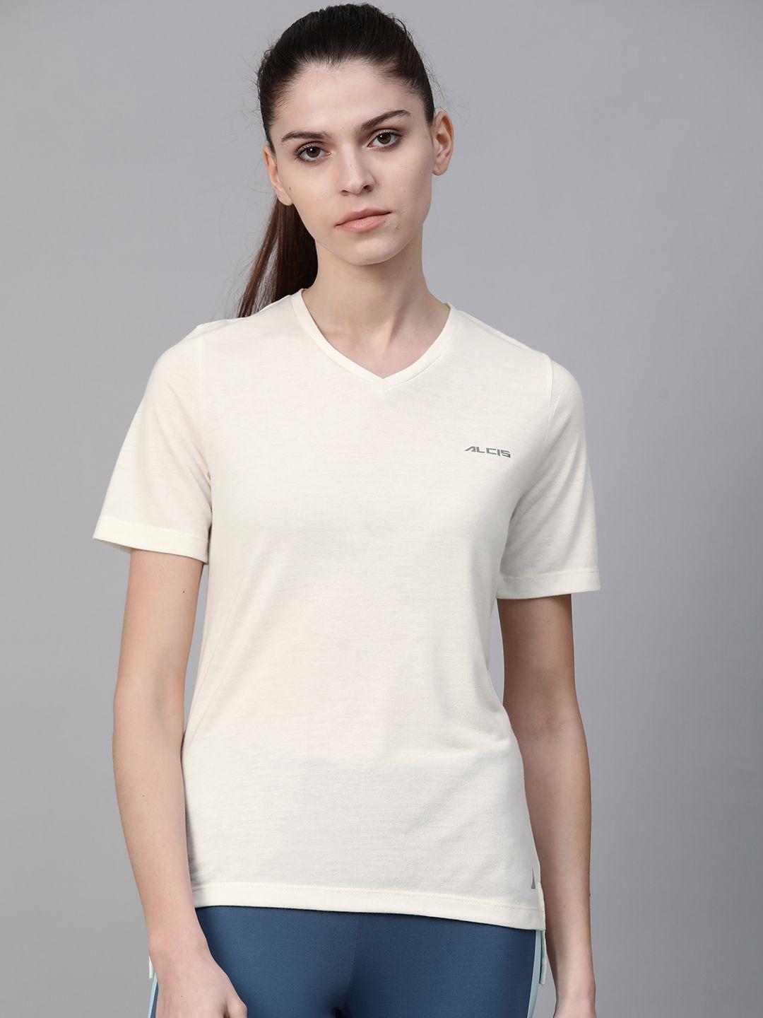 alcis women off-white solid v-neck high-low training t-shirt