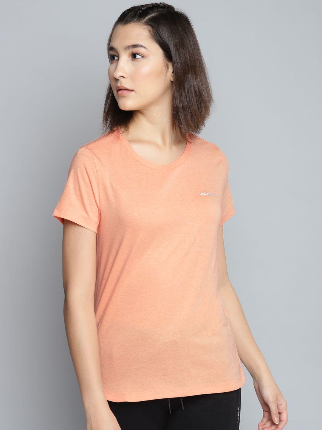 alcis women peach-coloured slim fit solid round neck t-shirt