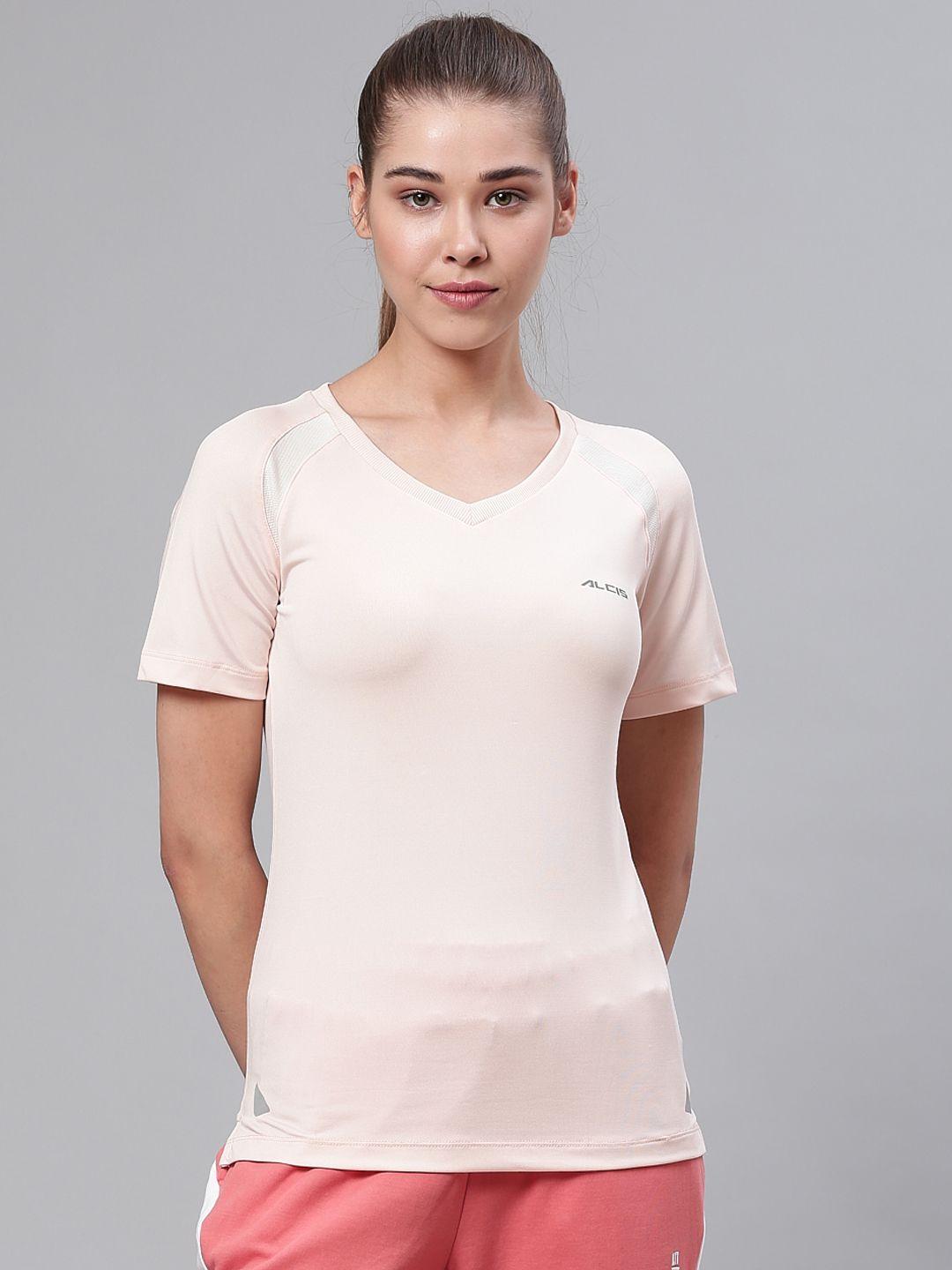 alcis women peach-coloured solid round neck training t-shirt