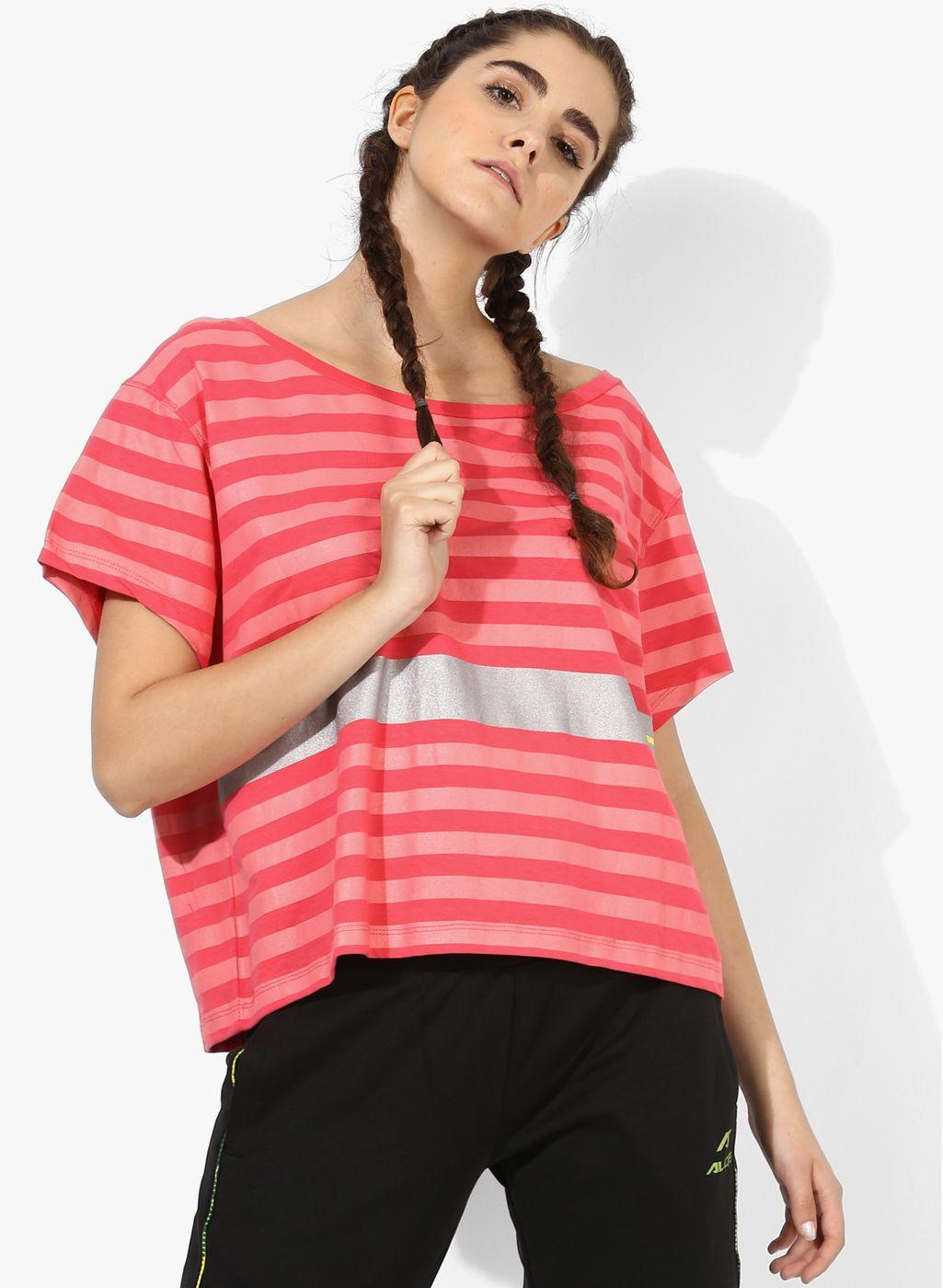 alcis women pink striped boxy pure cotton top