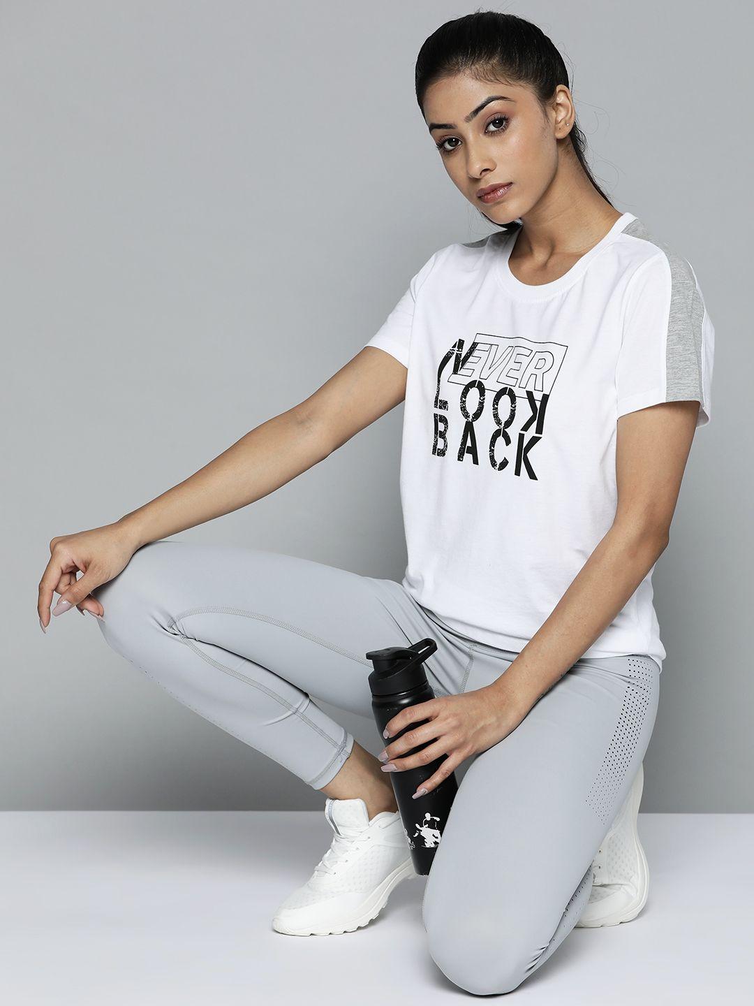 alcis women white & black typography printed slim fit training or gym t-shirt