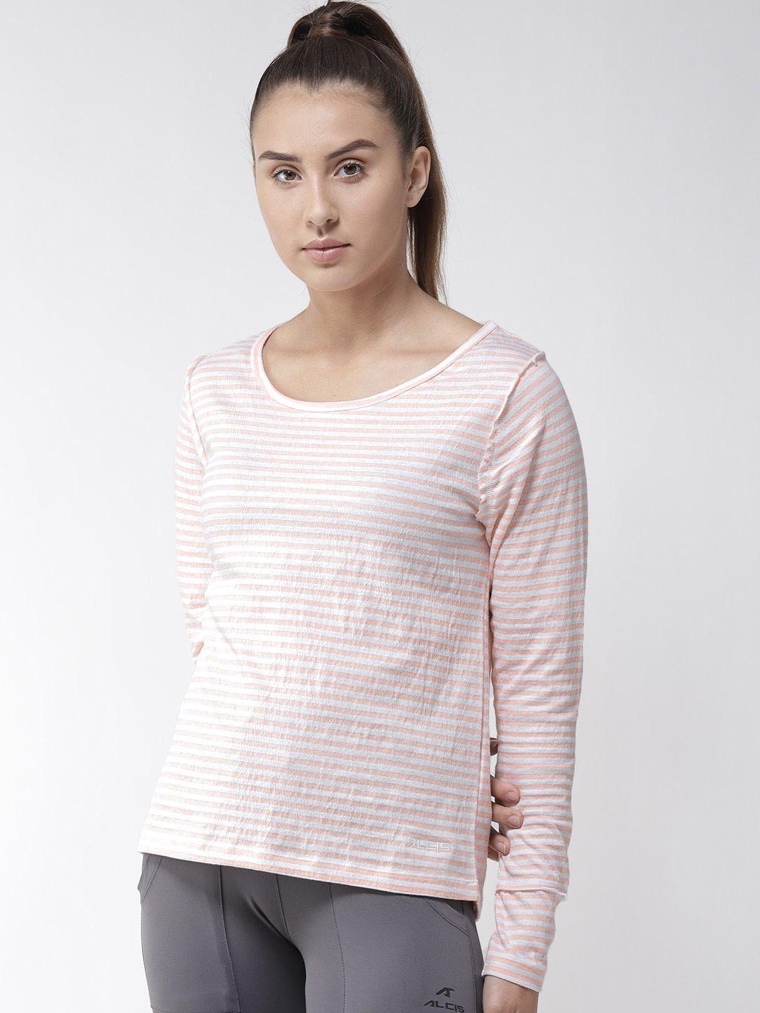 alcis women white & peach-coloured slim fit striped round neck yoga t-shirt