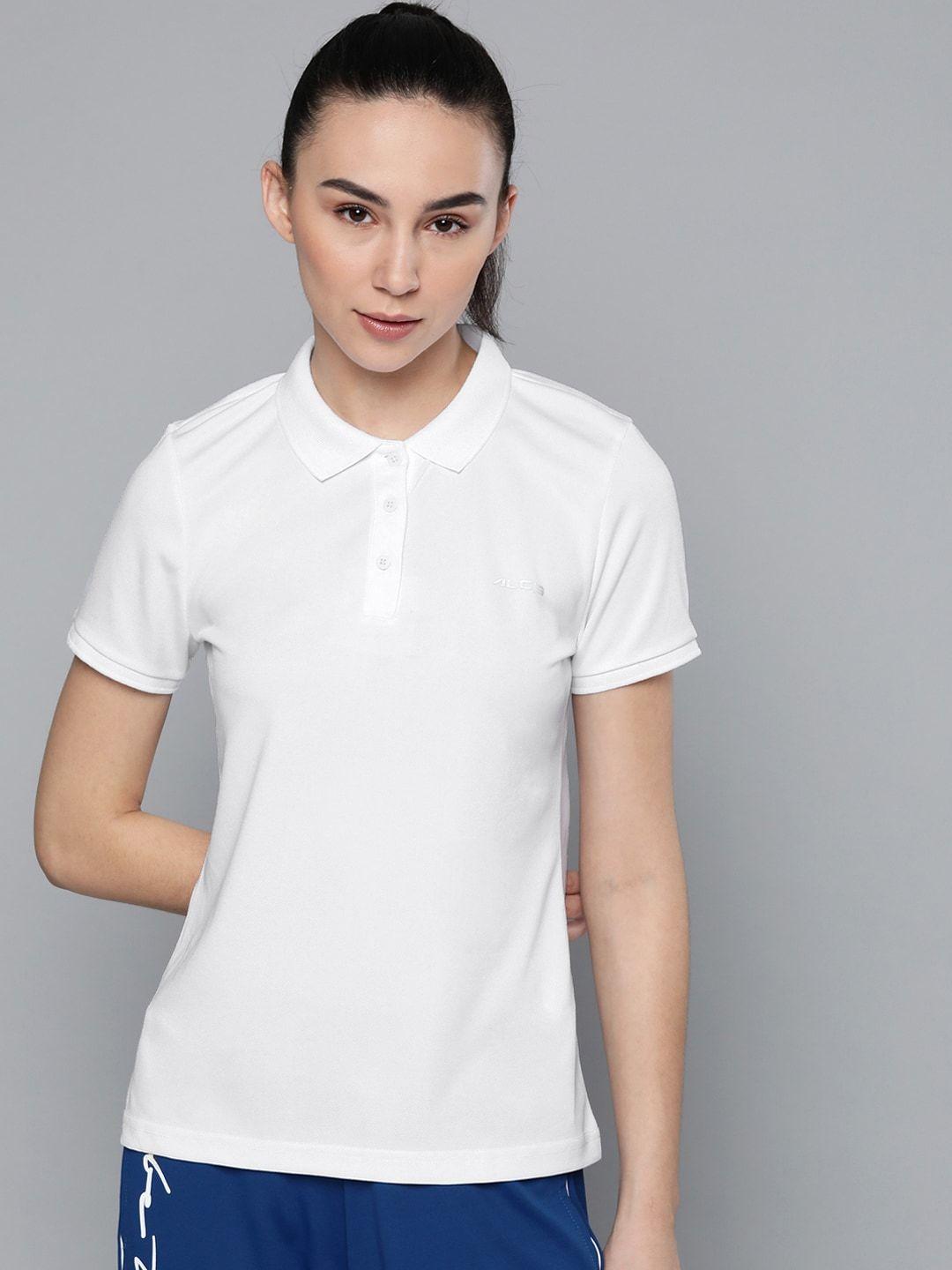 alcis women white solid polo collar t-shirt