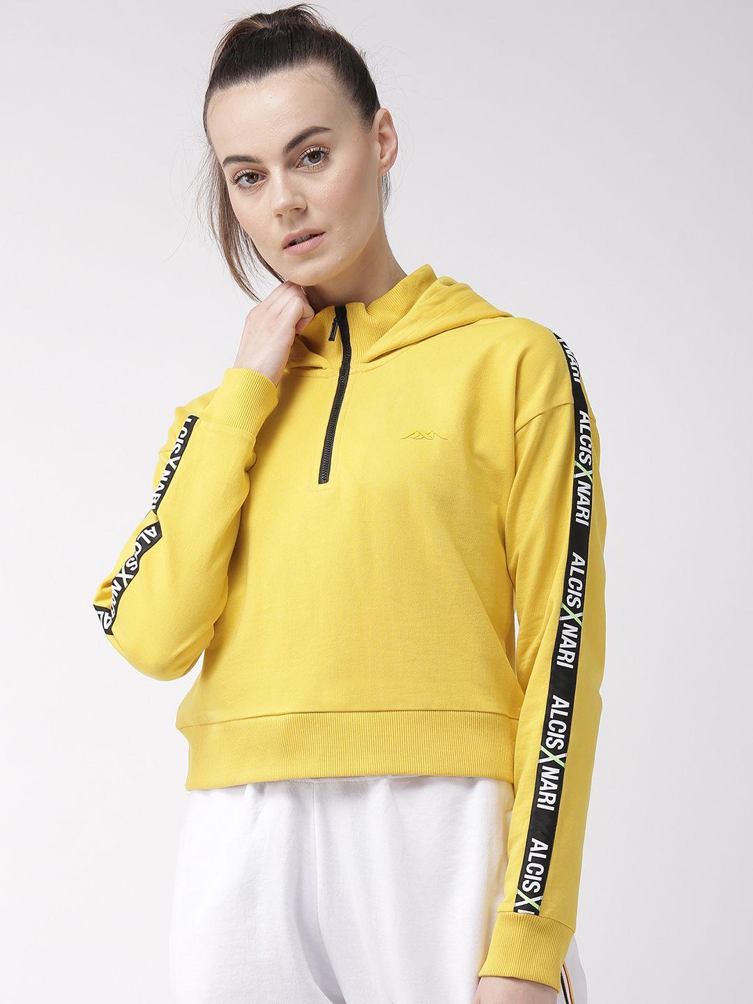 alcis women yellow solid hooded sweatshirt