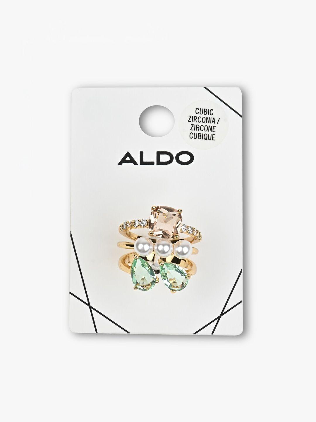 aldo set of 3 rose gold-plated stone-studded finger rings