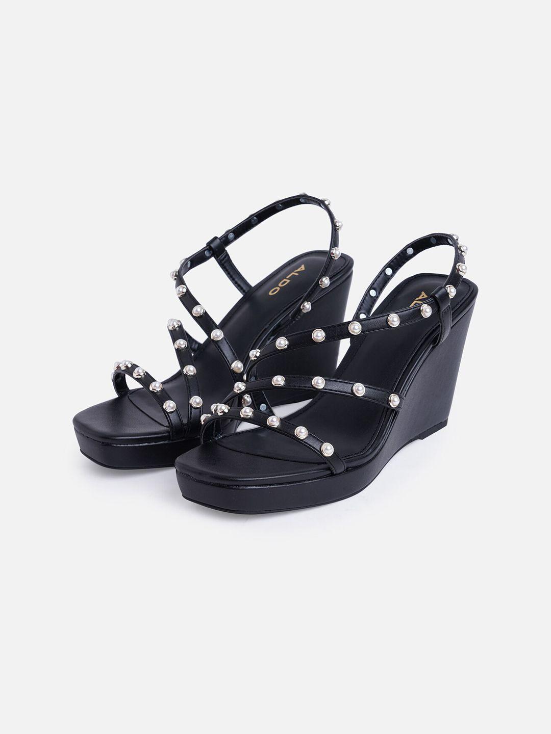 aldo black embellished wedge sandals